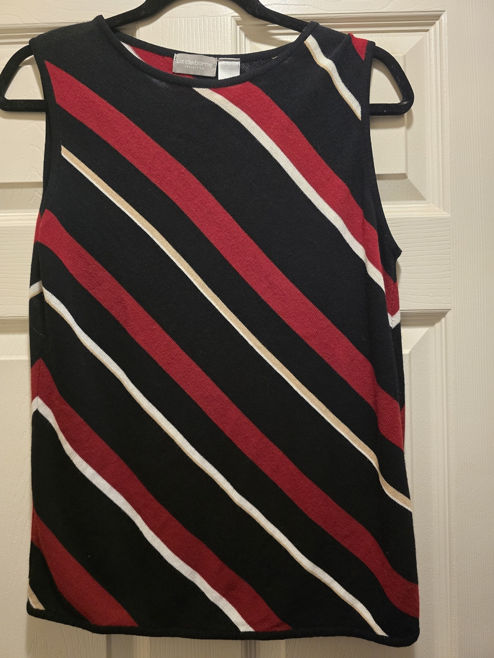Liz Claiborne Black Tank with Red and Cream Diagonal Stripes